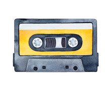 Compact Audio Cassette Watercolour Illustration. One Single Object, Blank Border For Text, Front View. Hand Painted Water Color Sketchy Painting, Cutout Clipart Element For Creative Design Decoration.