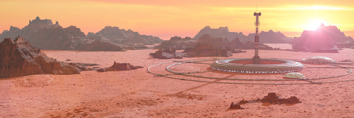 Wall Mural - habitat in martian desert landscape, first colony on planet mars