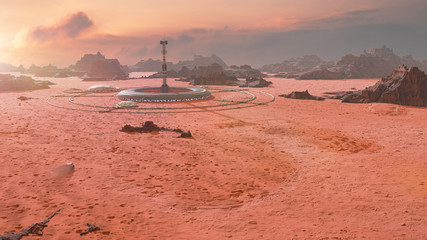Wall Mural - habitat in martian desert landscape, first colony on planet mars