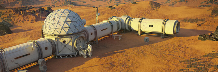 Wall Mural - mars base with astronaut, habitat in martian landscape