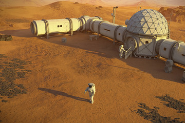 Wall Mural - mars base with astronauts, station on the surface of the red planet