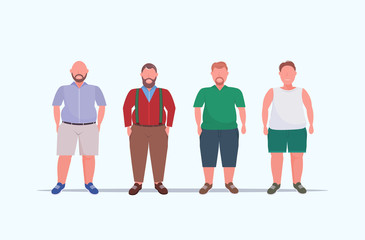 Wall Mural - fat overweight men group standing together unhealthy lifestyle concept obese guys in casual clothes over size male cartoon characters full length flat horizontal