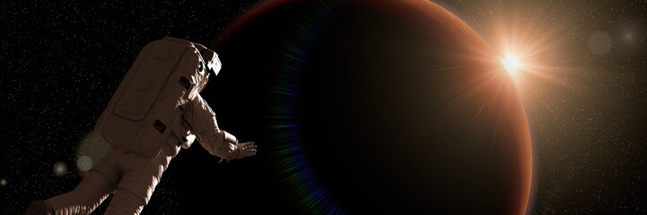 Wall Mural - astronaut watching the sunrise during a space walk in orbit of planet mars