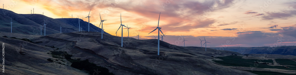 Beautiful Panoramic Landscape View of Wind Turbines on a Windy Hill during a colorful sunrise. Taken in Washington State, United States of America. - obrazy, fototapety, plakaty 