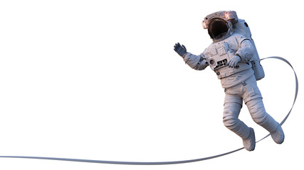 Wall Mural - astronaut with safety tether waving, isolated on white background