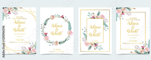 Fotografía Pink green geometry wedding invitation with cactus and leaves