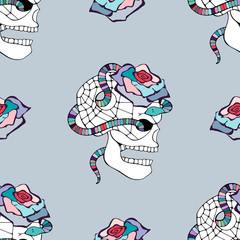 Vector hand drawn seamless pattern illustration of skull Print horror for t shirt. Mexican style, day of the dead, halloween.