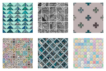Wall Mural - Seamless vector pattern. geometrical background with hand drawn decorative tribal doodle elements. Print with ethnic, folk, geometrical motifs. Graphic geometric illustration, squres, dots, rectangles