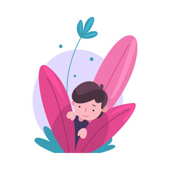 Sticker - Cute Little Boy Hiding in Bushes, Adorable Kid Peeking Out of Colorful Dense Grass Vector Illustration