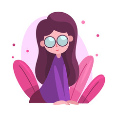 Wall Mural - Cute Long Haired Brunette Girl in Glasses Hiding in Bushes, Adorable Kid Peeking Out of Grass, Bright Imaginary World Vector Illustration