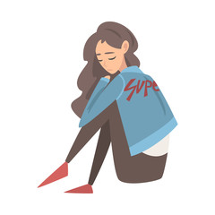 Wall Mural - Unhappy Sad Girl Sitting on Floor, Depressed Teenager Having Problems, Front View Vector Illustration