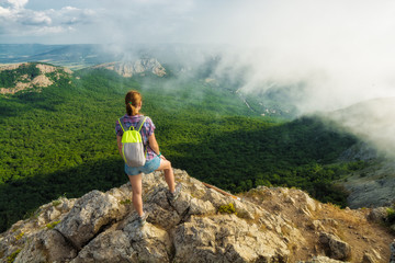 Wall Mural - Girl hiker enjoy the Crimea mountains