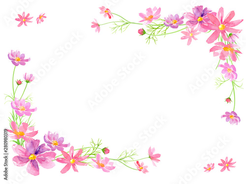 コスモスの花の水彩イラストで装飾したフレーム メッセージカード Stock Illustration Adobe Stock