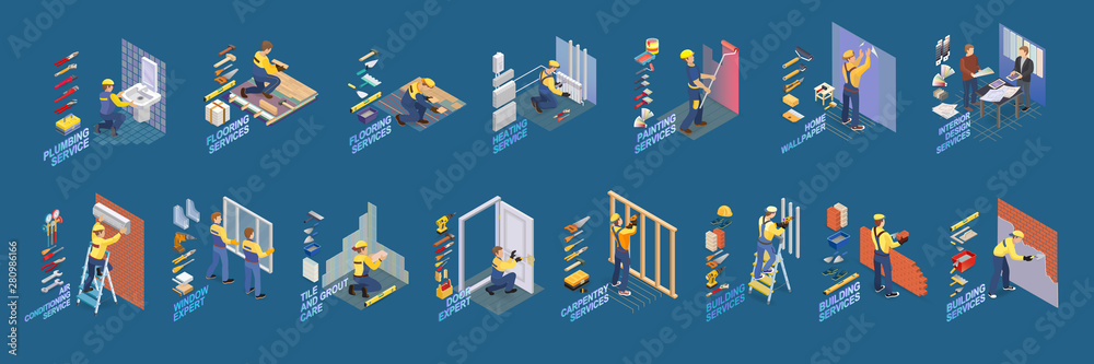 Home repair isometric icons set with workers, tools. Vector. - obrazy, fototapety, plakaty 