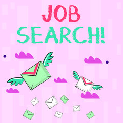 Writing note showing Job Search. Business concept for act of looking for employment due to unemployment underemployment Colorful Airmail Letter Envelopes and Two of Them with Wings