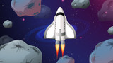 Fototapeta Kosmos - Space ship flying through asteroids