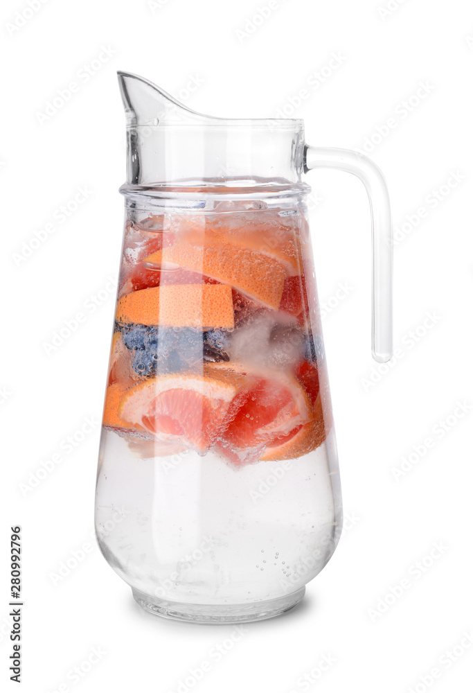 Jug of infused water on white background