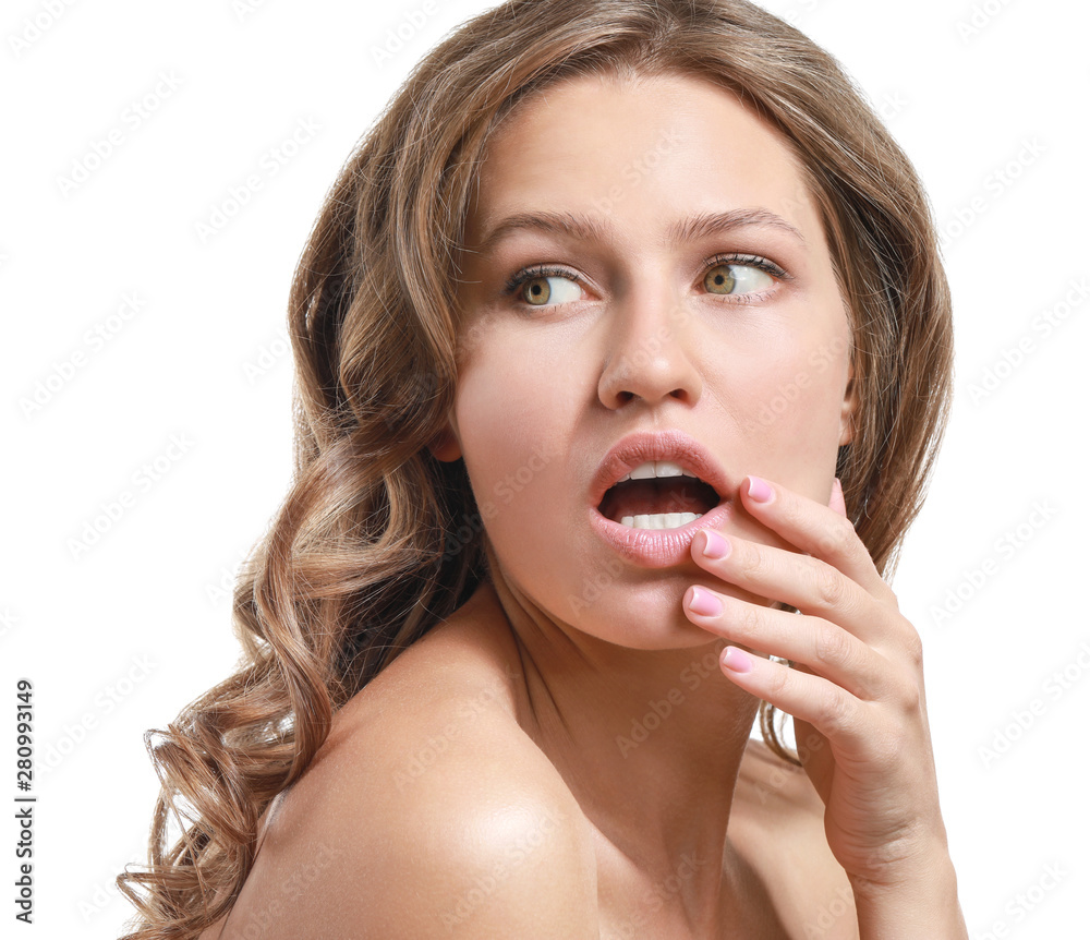 Beautiful young woman on white background