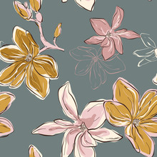 Seamless Vector Floral Pattern In Vector. Tender Blue Green Flowers On Pink Background. Floral Botany Art