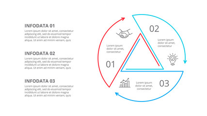 Thin line cycle infographic with arrows. Modern concept design template with 3 options, steps or parts. Flat vector illustration for business presentation