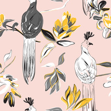 Botanical Print With Big Birds And Flower Bloosom. Vector Fabric Print. Cute Nature Illustration. Wildlife Graphic Design. Summer Drawing Sketch