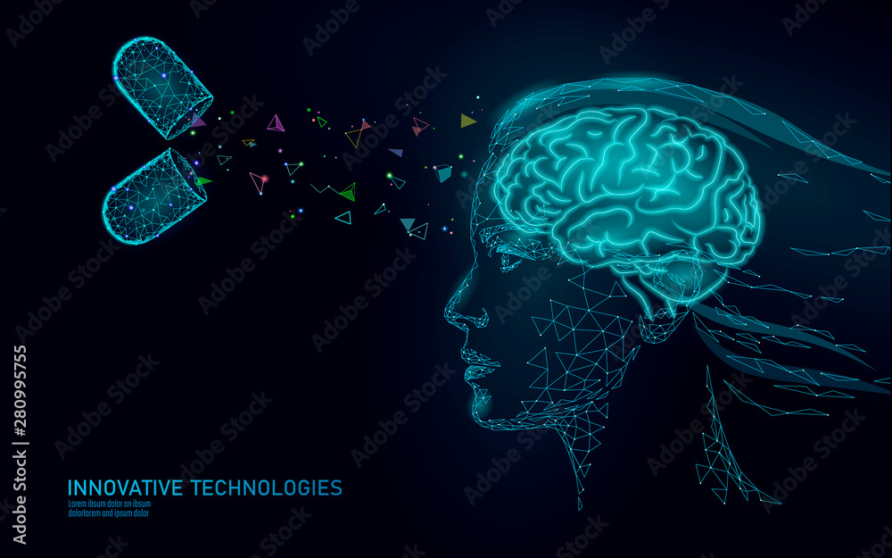 Brain treatment low poly 3D render. Drug nootropic human ability stimulant smart mental health. Medicine cognitive rehabilitation in Alzheimer disease and dementia patient vector illustration - obrazy, fototapety, plakaty 