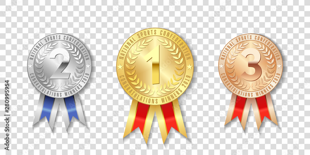 Champion gold, silver and bronze award medals with red ribbons isolated on transparent background. The first, second, third place on sport tournament, victory concept prizes - obrazy, fototapety, plakaty 