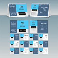 2019 Calendar. Horizontal Blue Calendar Template. Editable Vector File Available.