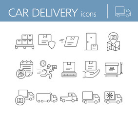 Poster - Car delivery icons. Set of line icons. Delivery report, parcel insurance, express delivery. Logistics concept. Vector illustration can be used for topics like transportation, service, shipping