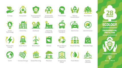 ecology green icon set with ecological city, eco technology, renewable energy, environmental protect
