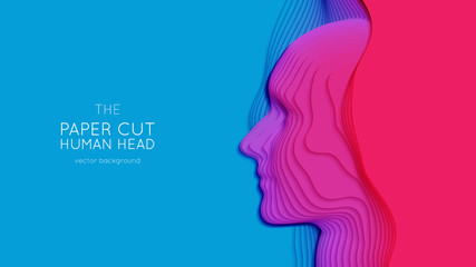 Poster - Vector 3D abstract paper cut human head. Colorful carving art. Paper craft head profile with gradient fade colors. Minimalistic design layout for business presentations, flyers, posters.