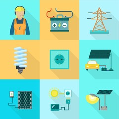 Poster - Electric icon set. Flat set of 9 electric vector icons for web design isolated on white background
