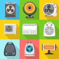 Poster - Fan heater icon set. Flat set of 9 fan heater vector icons for web design isolated on white background