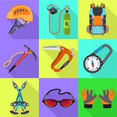 Poster - Hiking tools icon set. Flat set of 9 hiking tools vector icons for web design isolated on white background
