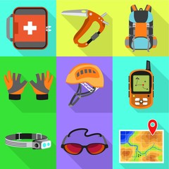 Poster - Hiking equipment icon set. Flat set of 9 hiking equipment vector icons for web design isolated on white background
