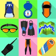 Poster - Kayak tools icon set. Flat set of 9 kayak tools vector icons for web design isolated on white background