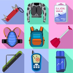 Poster - Winter sport equipment icon set. Flat set of 9 winter sport equipment vector icons for web design isolated on white background