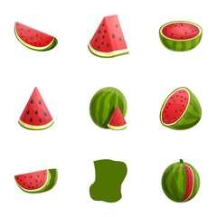 Poster - Tasty watermelon icon set. Cartoon set of 9 tasty watermelon vector icons for web design isolated on white background