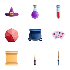 Wall Mural - Magician tools icon set. Cartoon set of 9 magician tools vector icons for web design isolated on white background