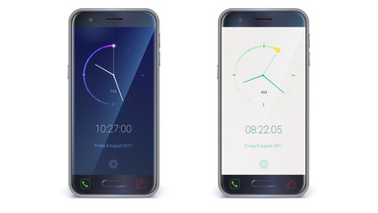 Wall Mural - smartphone, mobile phone isolated on white background. clock application for apps on light and dark 