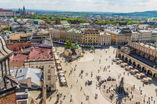 An Elevated View Over The Main Square In The Medieval Old Town, Krakow, Poland