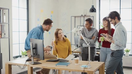 Poster - In the Stylish Office: Diverse Group of Business Colleagues Have Meeting. Multi Ethnic Team of Businesspeople Use Desktop Computer, Chat and Watch Videos, Discuss Startup Statistical Growth Strategy