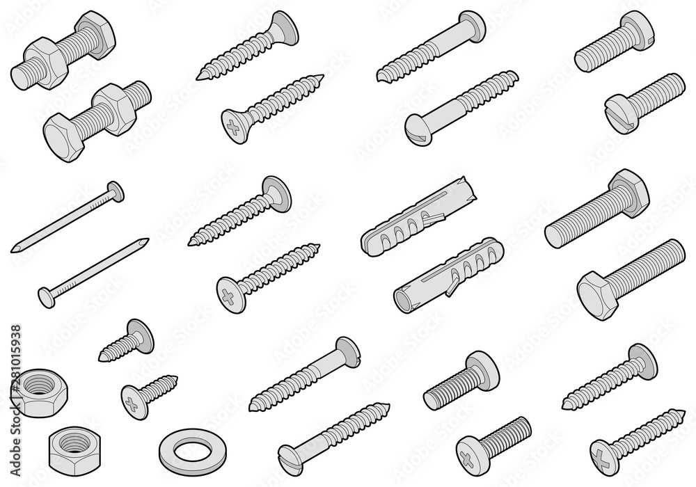 Screws / nuts / nails and wall plugs collection - vector isometric outline illustration - obrazy, fototapety, plakaty 