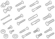 Screws / Nuts / Nails And Wall Plugs Collection - Vector Isometric Outline Illustration