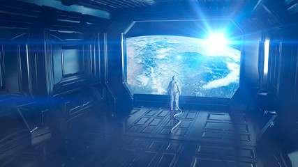 Wall Mural - alone astronaut in futuristic interior. sci fi room view of the earth. 3d rendering