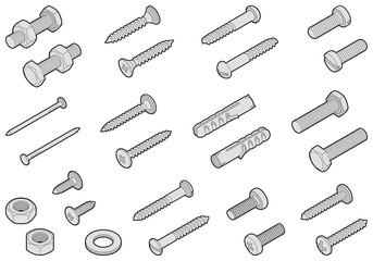 Wall Mural - Screws / nuts / nails and wall plugs collection - vector isometric outline illustration