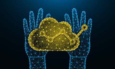 Wall Mural - Human hands and cloud analytics low poly design, football, data analysis in polygonal style, graph wireframe vector illustration made from points and lines on dark blue background