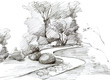 Park landscape design with trees and footpath, pencil drawn illustration