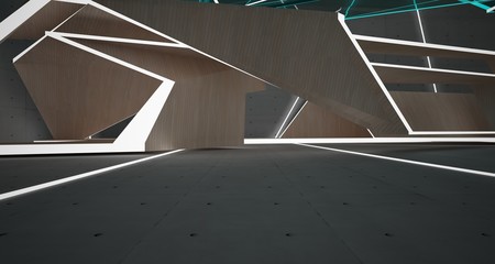  Abstract  concrete, glass and wood interior  with neon lighting. 3D illustration and rendering.