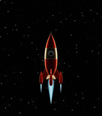 Poster - Toy space rocket red and white colors flies on a background of the starry sky. Sci-fi illustration. 3d rendering.
